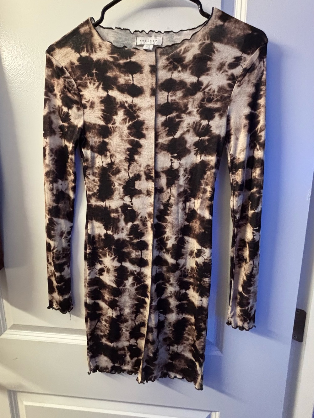 Topshop Tie-Dye Long Sleeve Bodycon Dress in Black and Cream M